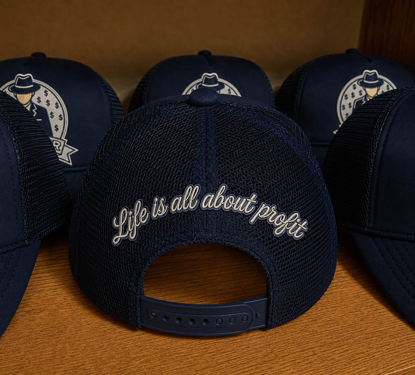 ProfitMCR Navy Blue Embroidered Trucker Cap