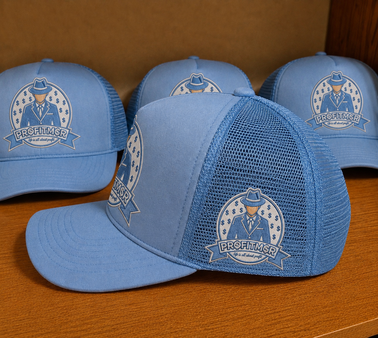 ProfitMCR Ice Blue Embroidered Trucker Cap