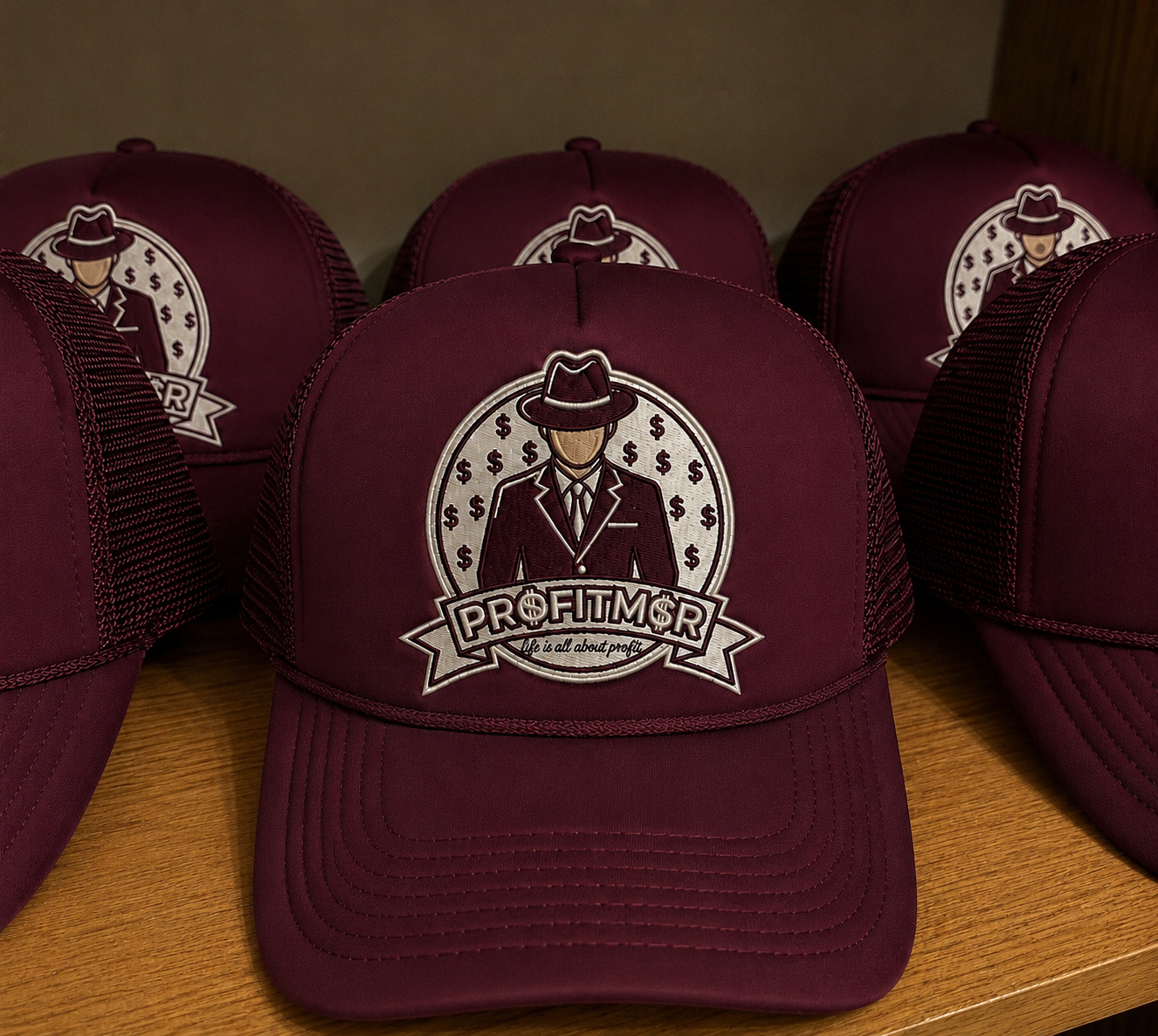 ProfitMCR Maroon Embroidered Trucker Cap