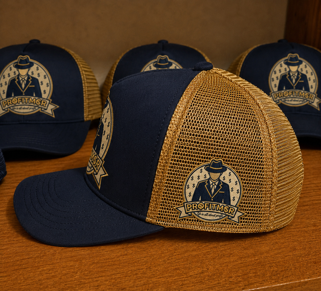 ProfitMCR Navy & Gold Embroidered Trucker Cap