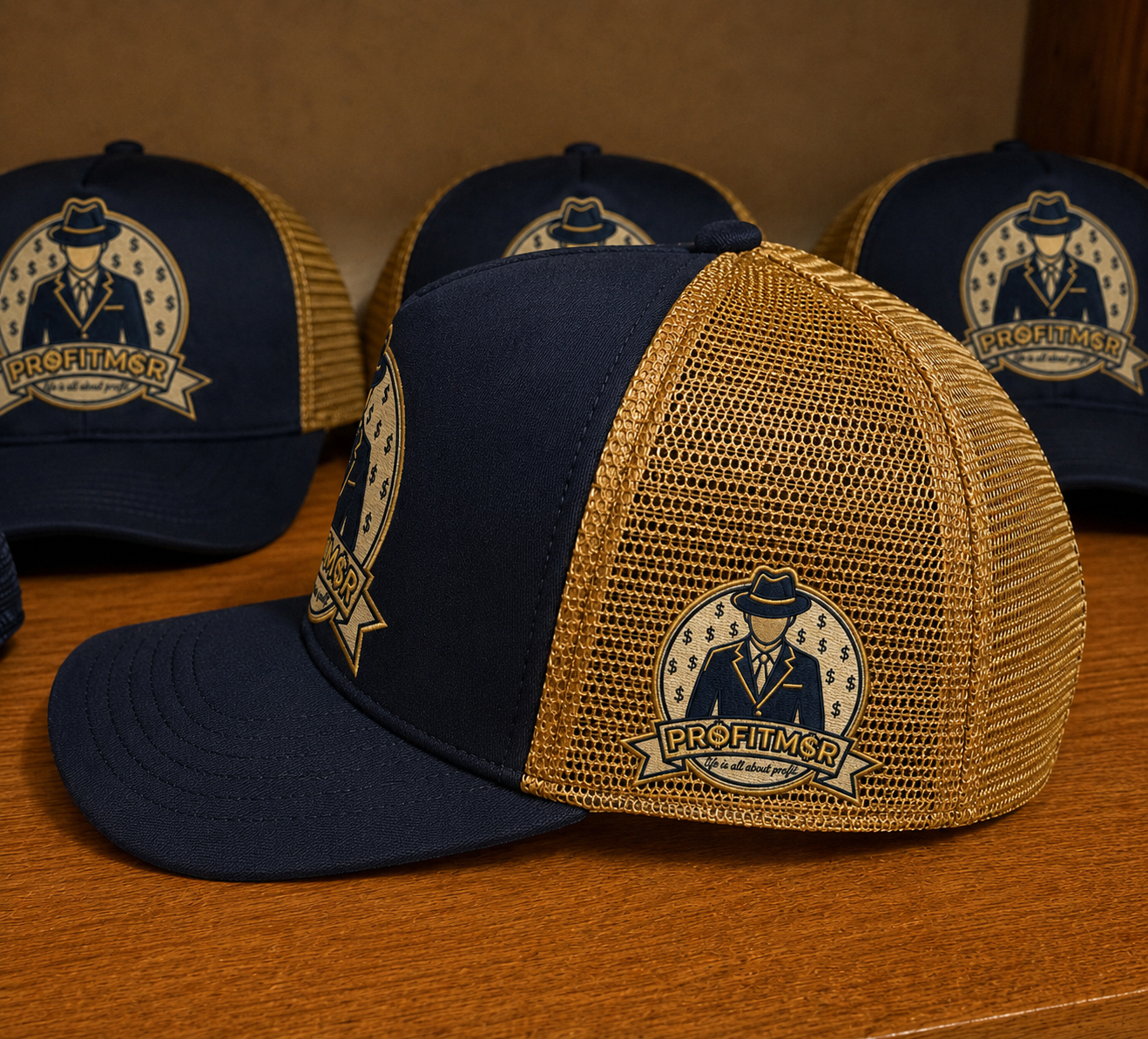 ProfitMCR Navy & Gold Embroidered Trucker Cap