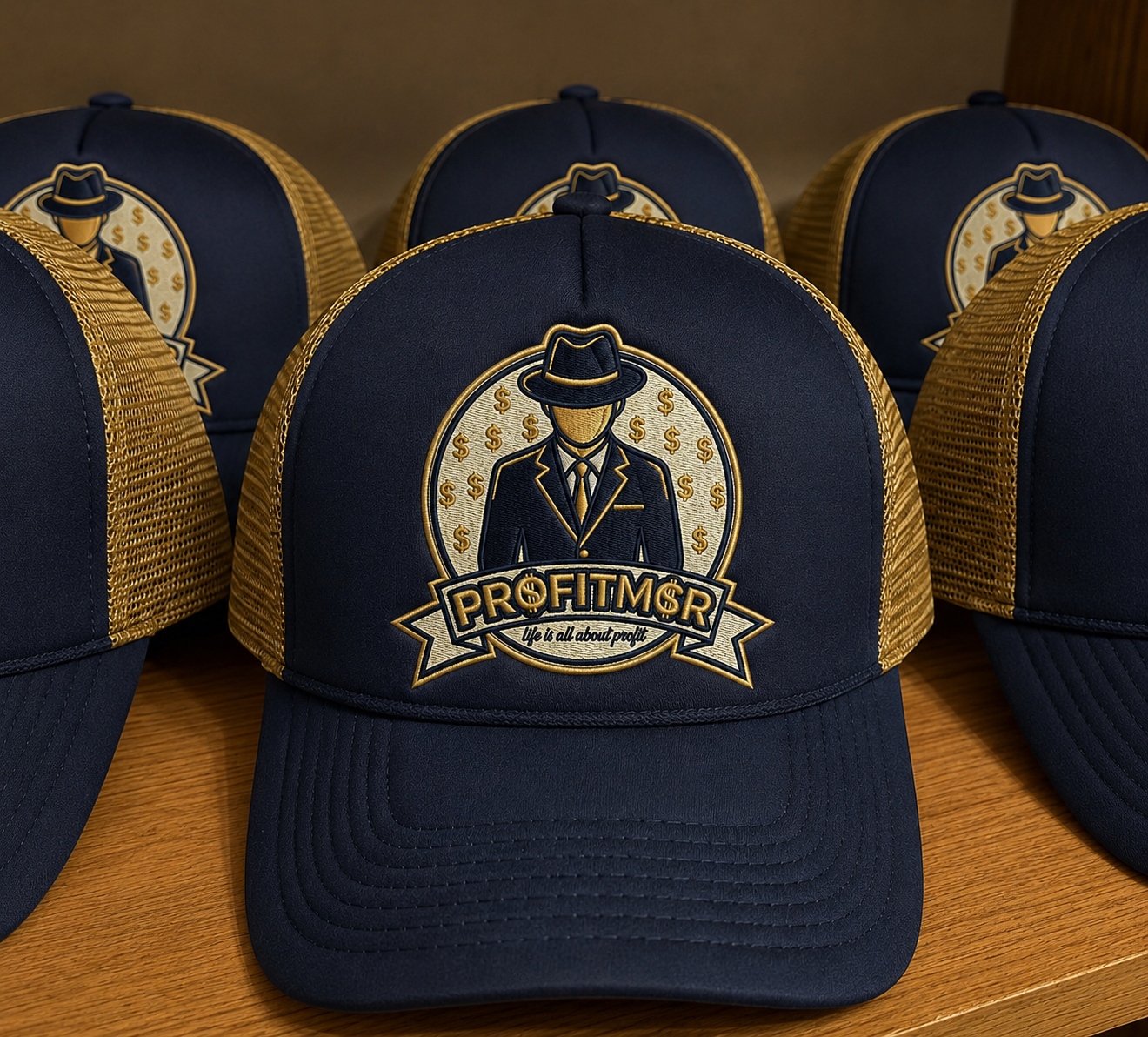 ProfitMCR Navy & Gold Embroidered Trucker Cap