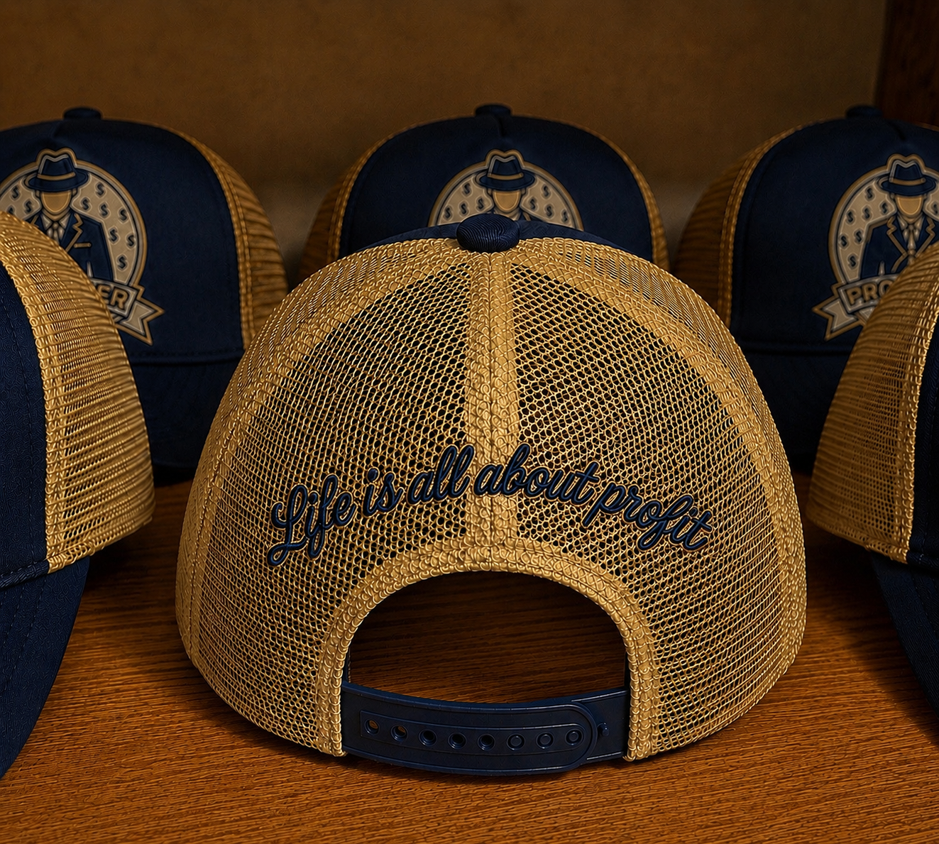 ProfitMCR Navy & Gold Embroidered Trucker Cap