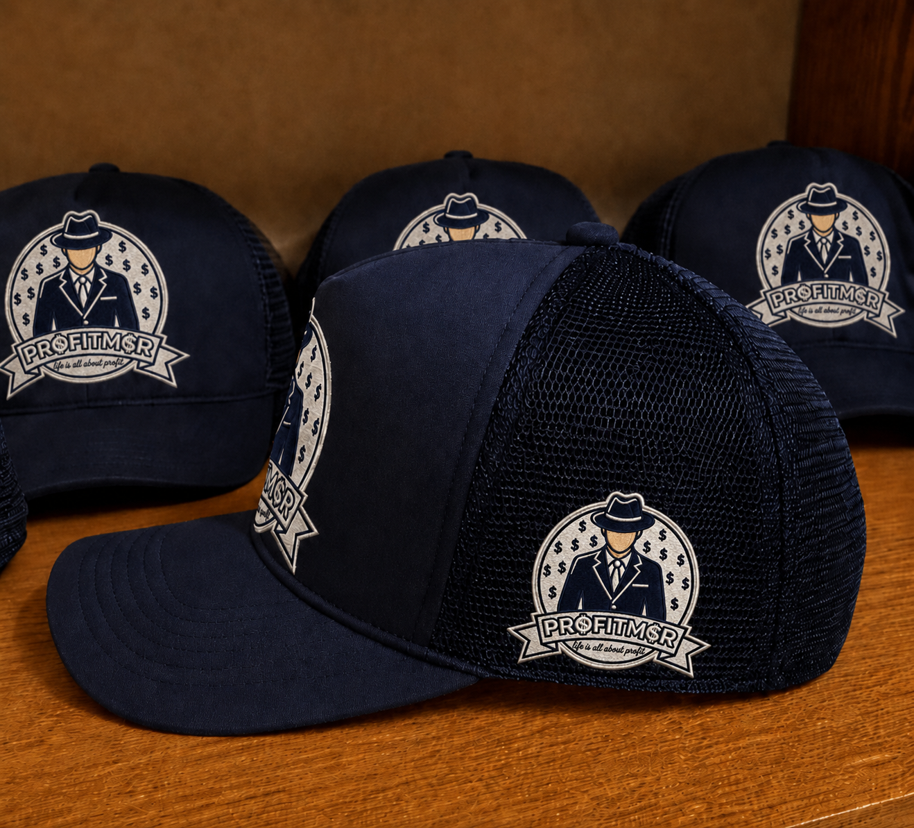 ProfitMCR Navy Blue Embroidered Trucker Cap
