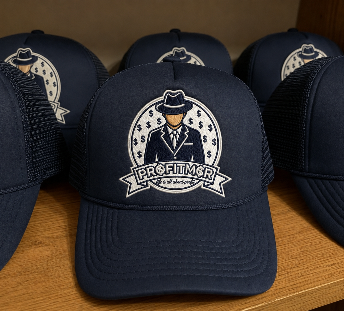 ProfitMCR Navy Blue Embroidered Trucker Cap