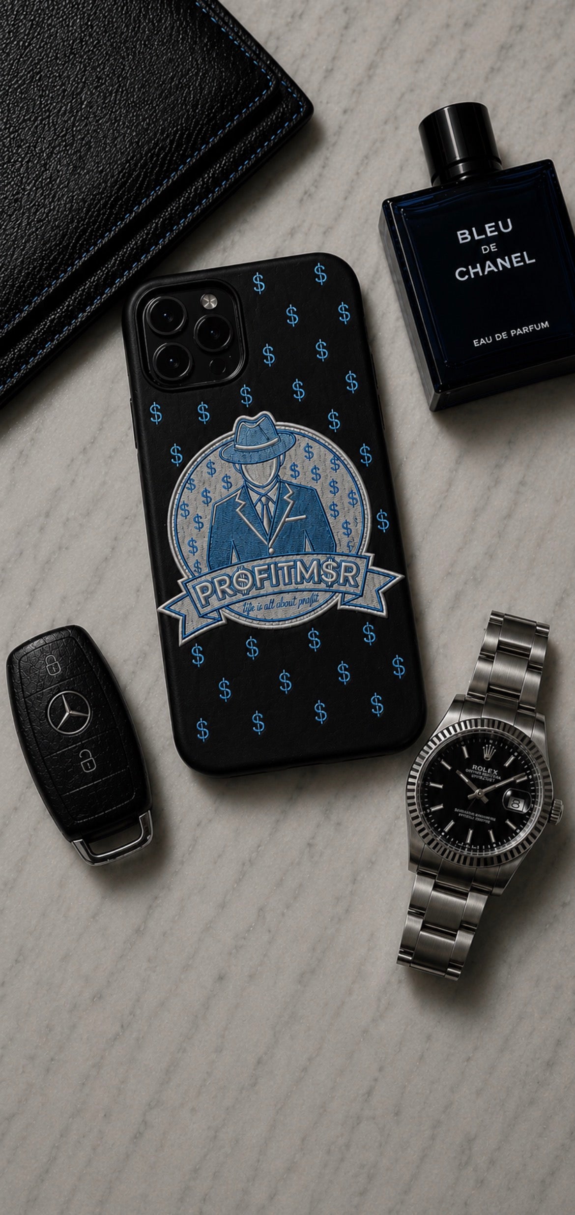 ProfitMCR Black & Ice Cold Blue Embroidered Phone Case