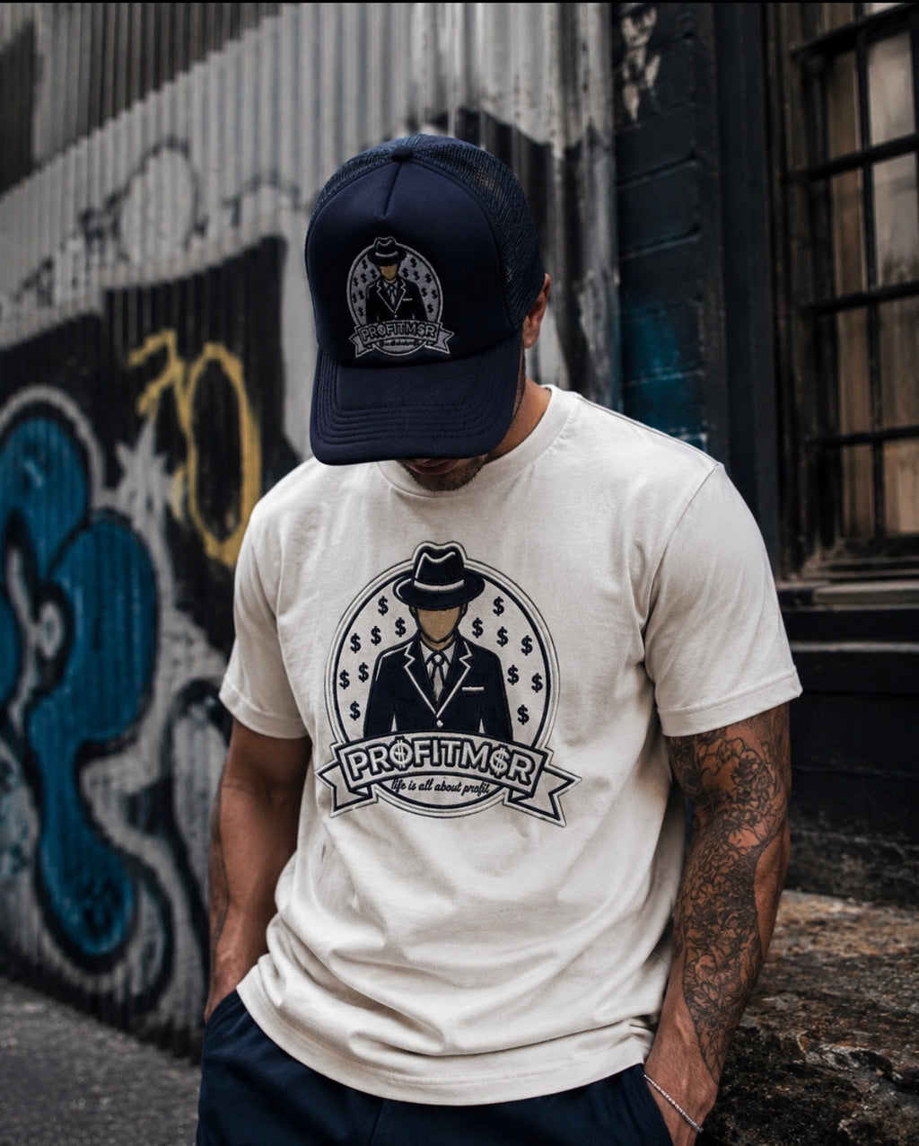 ProfitMCR White & Navy Graphic Design T-shirt